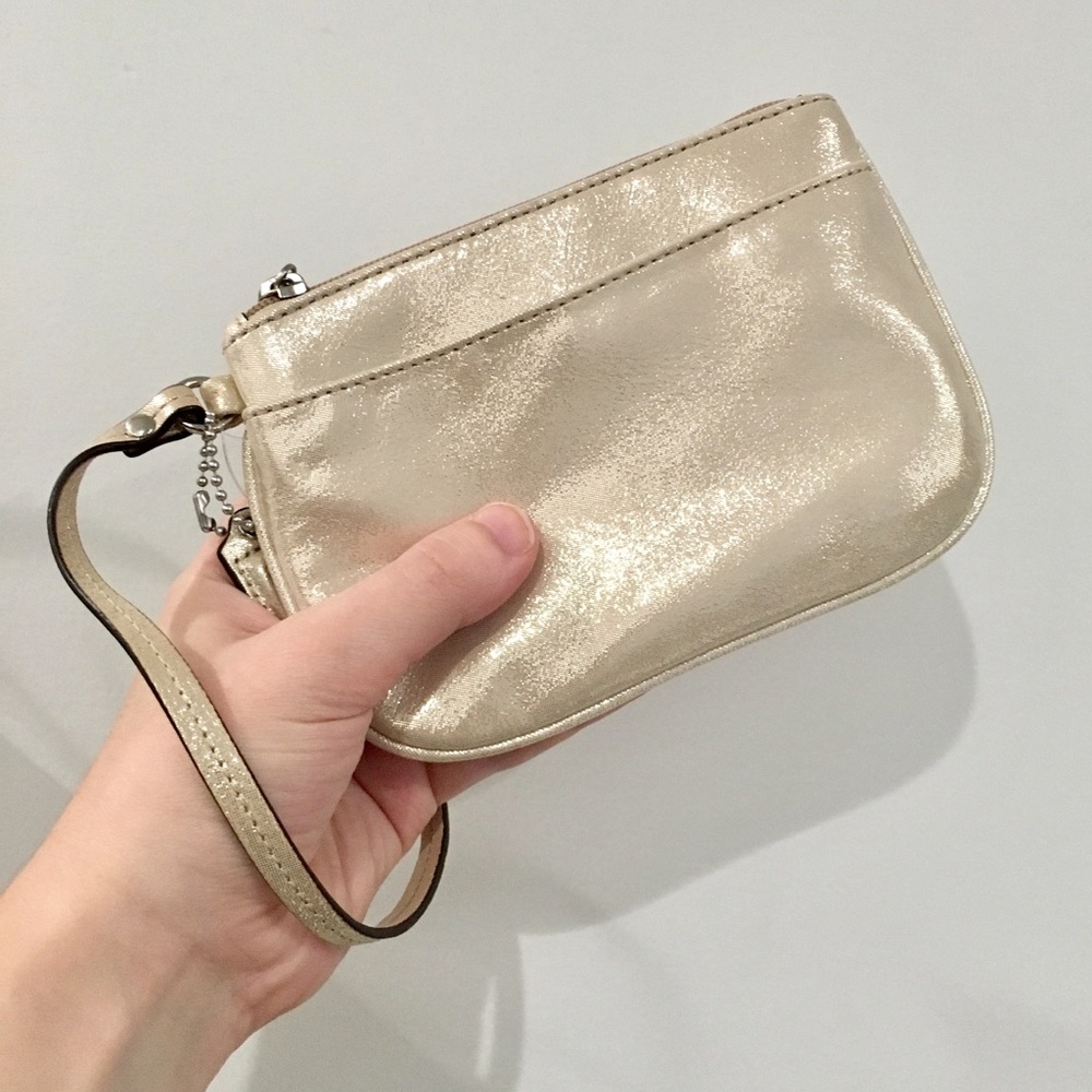 NWT Mini Champagne Gold Leather Coach Wristlet